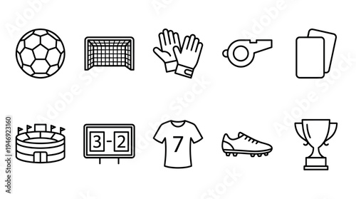 A collection of black outline icons depicting various soccer and football elements including a ball, goal, gloves, whistle, cards, stadium, scoreboard, jersey, cleat, and trophy.