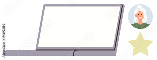 Social media, business reviews, customer feedback, profiles, online identity, digital presence. Minimal illustration of a laptop, profile avatar and star icon. Social media and business reviews