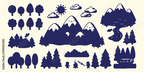 Mountain peaks and nature pattern, outdoor adventure landscape background art, cute mountain peak vector illustration, forest wilderness travel seamless texture, mountain exploration nature pattern ar