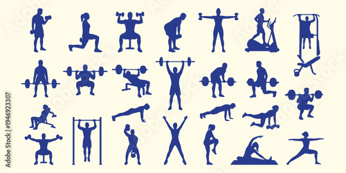 Gym workout and fitness silhouettes, bodybuilding weightlifting athlete pattern, healthy lifestyle exercise vector art, fitness training and gym background, diverse workout poses silhouette art, compe