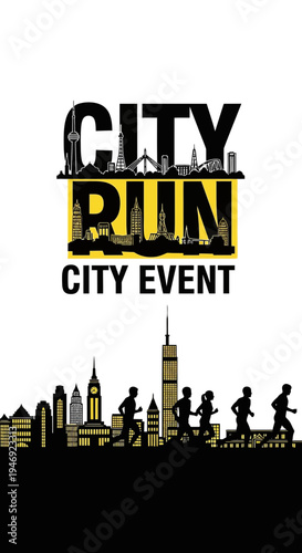 Energetic City Run Event Advertising with Silhouette Runners and Urban Skyline Graphic