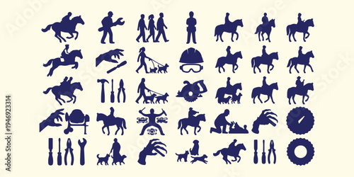 People and lifestyle activity silhouettes, Walking and running crowd symbols, Family and pet dog walking, Equestrian horse riding silhouettes, Daily human routine action icons, Social community and gr
