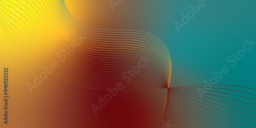 Glowing marron, yeallow, and LightSeaGreen flowing ribbons sweeping through a dark mysterious background scattered with tiny sparkling particles, futuristic digital tech style, vector illustration.