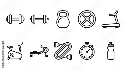 A collection of simple black and white line art icons representing various gym equipment, perfect for fitness-related designs and concepts.