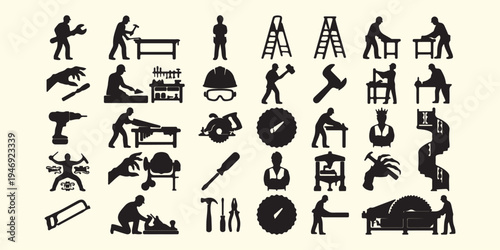 Construction workers and labor silhouettes, Industrial building and maintenance icons, Engineering and architecture work symbols, Manual labor and handyman graphics, Site safety and equipment icons, P