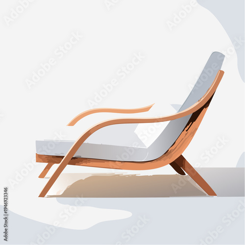 Modern wooden lounge chair with white cushion in bright outdoor setting
