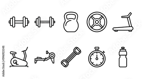 A collection of clean, outline style fitness equipment icons presented on a white background for versatile design use.