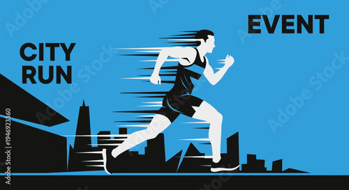 Energetic City Run Event Featuring Silhouette Figure Sprinting Through Urban Landscape