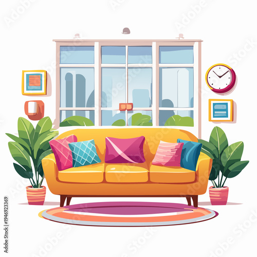 Cozy living room with a vibrant yellow sofa and large windows, adorned with plants and art