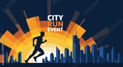 Energetic City Run Event: Silhouette Of Runner In Front Of Cityscape At Sunrise