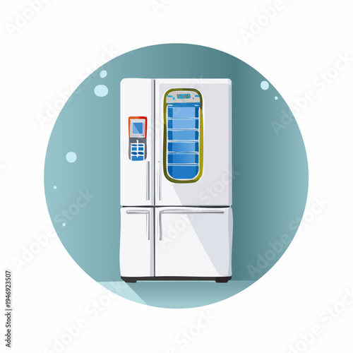 Modern smart refrigerator with sleek design for kitchen, presenting fresh food preservation technology and digital display