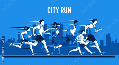 Energetic City Runners Silhouettes In Motion Against A Dynamic Blue Urban Backdrop