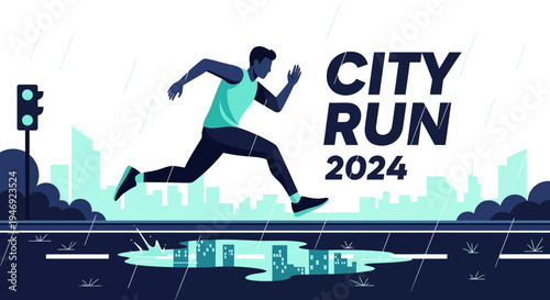 Energetic City Runner Leaping Across Puddle During Rainy Weather In Vibrant Illustration