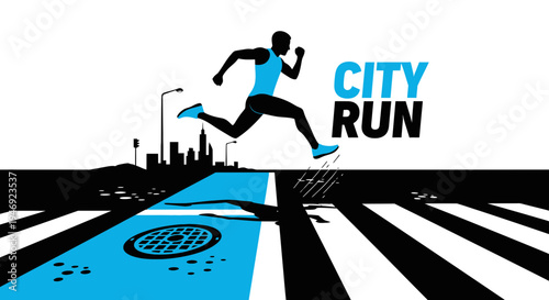 Energetic City Runner Leaping Over Urban Obstacles in Dynamic Black and Blue Illustration