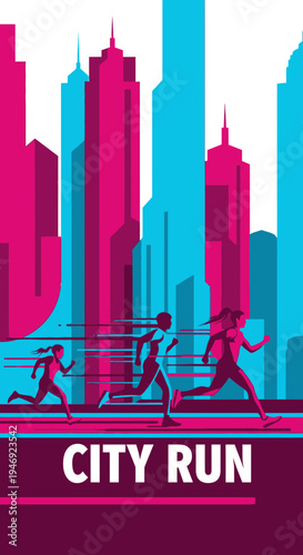 Energetic City Runners Silhouettes Racing Through Urban Metropolis Landscape Illustration