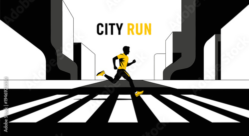 Energetic City Runner Navigating Urban Landscape Using a Black, White, And Yellow Color Scheme