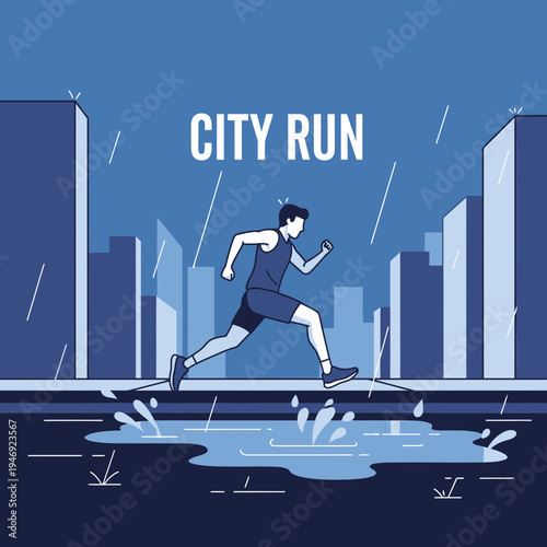 Energetic City Runner Navigating a Puddle Under Rainy Sky in Urban Landscape Illustration