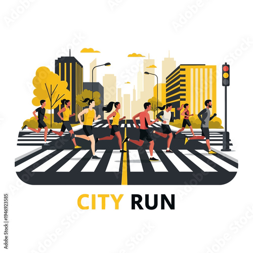 Energetic City Runners Traversing Urban Crosswalk Amidst Towering Architecture