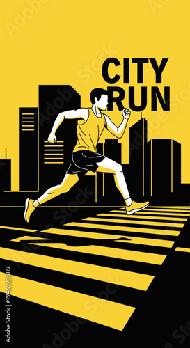 Energetic City Runner Sprinting Across Zebra Crossing, Modern Metropolis Silhouette Design