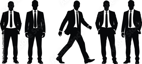 Businessman silhouettes collection standing and walking, professional men in formal suits isolated on white background representing corporate business concept