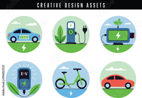 Creative icons representing sustainable electric vehicle charging assets