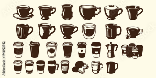 coffee cup icons, drink mug illustration, cafe beverage set, tea coffee vector, cup clipart collection, hot drink symbols, mug outline bundle