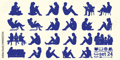 People reading and sitting silhouettes, student study and education pattern, diverse people lifestyle background art, human relaxation and hobby vector, sitting and reading activity silhouettes, socia