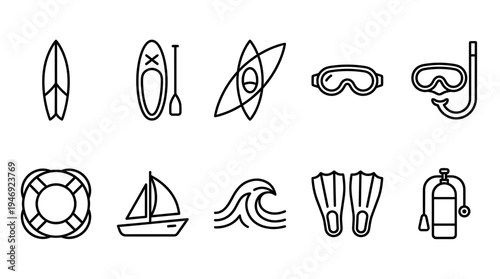 A clean line art collection of water sport and beach activity icons, perfect for use in travel, recreation, or summer themed designs.
