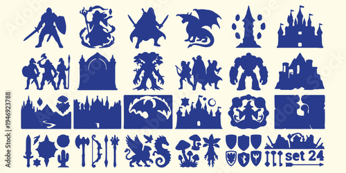 Fantasy rpg medieval silhouettes pattern, mythical dragon and castle vector, dungeons and warrior silhouette art, magical kingdom adventure background texture, epic fantasy game character silhouettes,