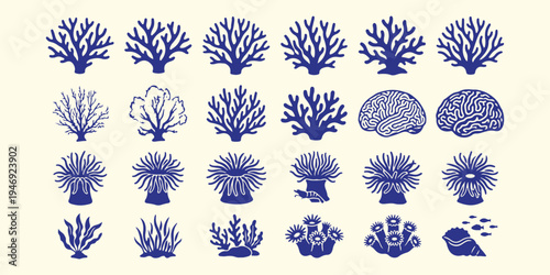 coral reef icons, sea plant illustration, underwater nature set, ocean coral vector, marine life clipart, reef elements collection, aquatic symbols bundle