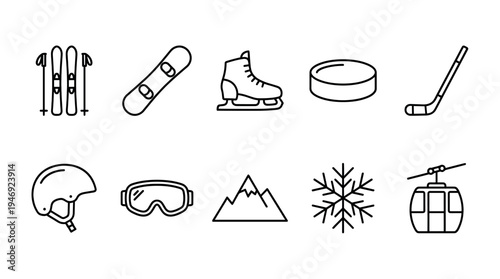 A clean, minimalist collection of black and white outline icons representing various winter sports activities and elements, ideal for graphic design and web use.
