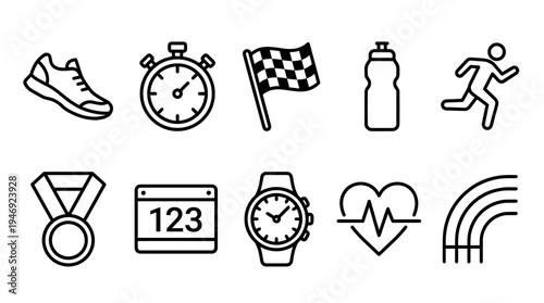 A collection of minimalist black line art icons representing various sports and fitness elements, perfect for health and wellness themes.