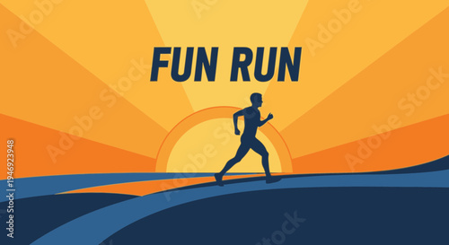 Energetic Fun Run Design With Sunrise Silhouette Of Runner And Geometric Illustration