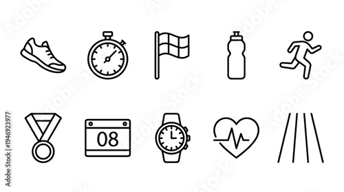 A clean line art icon set representing sports and fitness, including a running shoe, stopwatch, flag, water bottle, runner, medal, calendar, watch, heartbeat, and track.