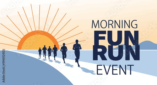 Energetic Morning Fun Run Event Silhouette Against Sunrise Sky Promoting Fitness and Health