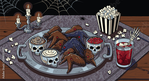 Halloween Food and Drink on Wooden Table.