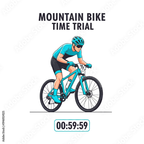 Energetic Mountain Biker Competing in Time Trial Against the Clock During Race