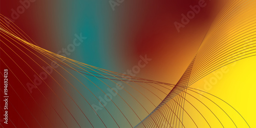 Glowing marron, yeallow, and LightSeaGreen flowing ribbons sweeping through a dark mysterious background scattered with tiny sparkling particles, futuristic digital tech style, vector illustration.