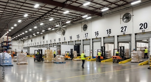 Forklifts move goods at a busy loading dock in a large industrial warehouse.