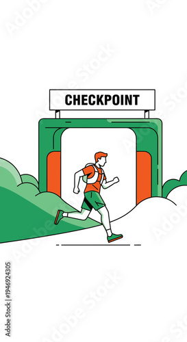 Energetic Runner Approaching Checkpoint Illustrating Speed, Adventure, and Athleticism in