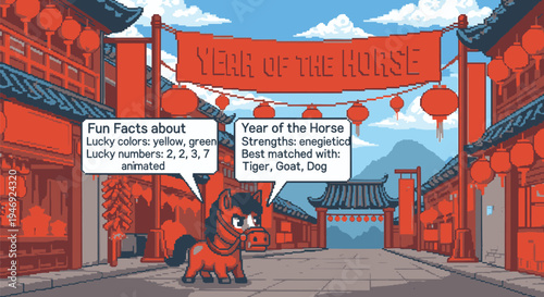Year of the Horse Cartoon Character in Traditional Chinese Architecture.