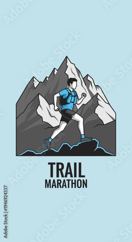 Energetic Runner Ascending Rocky Mountain Trail During Endurance Marathon Race Activity