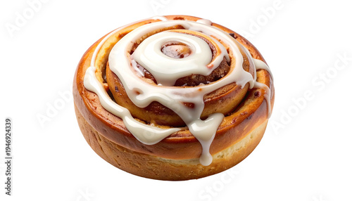 Close-up of a frosted cinnamon roll isolated against a transparent background