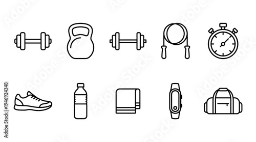 A collection of black outline icons representing essential fitness equipment and workout tools against a clean white background, ideal for health and wellness themes.
