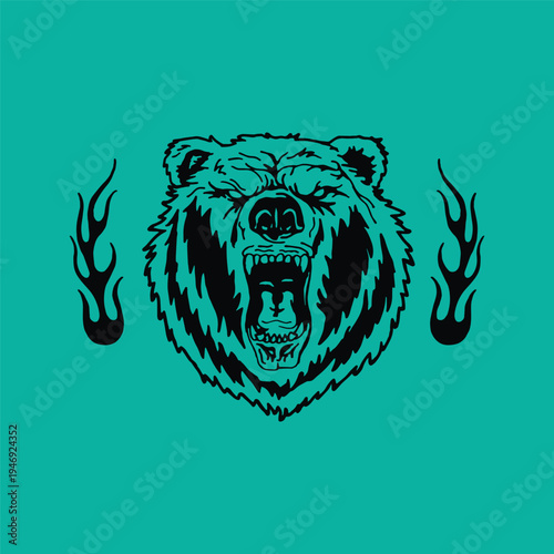 Fierce grizzly bear head with antlers on teal background