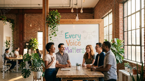 Diverse multiracial team laughing together in creative loft office with whiteboard text 