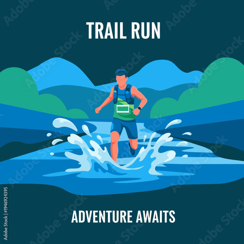 Energetic Runner Conquers Water Crossing Amidst Scenic Mountain Trail Adventure Journey