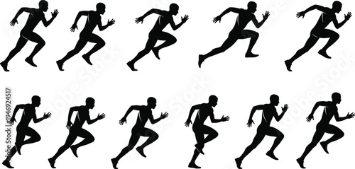 Running man silhouettes sequence set, athlete sprinting motion stages isolated on white background representing speed sport fitness action
