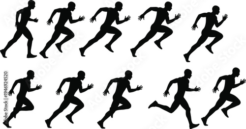 Running man silhouettes collection, athlete sprinting motion sequence isolated on white background representing speed sport fitness training action