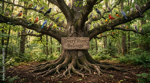Diverse colorful birds perched on ancient oak tree with wooden sign text 